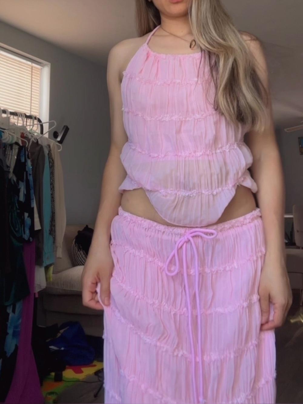 Forever 21 Pink Smocked Two-Piece Skirt and Backless Tube Top Set